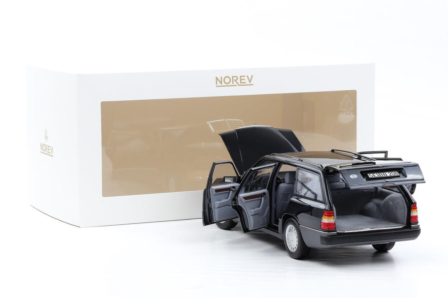 1:18 Norev Mercedes-Benz 300 D T-Modell Kombi S 124 blauschwarz 1990 + Vitrine