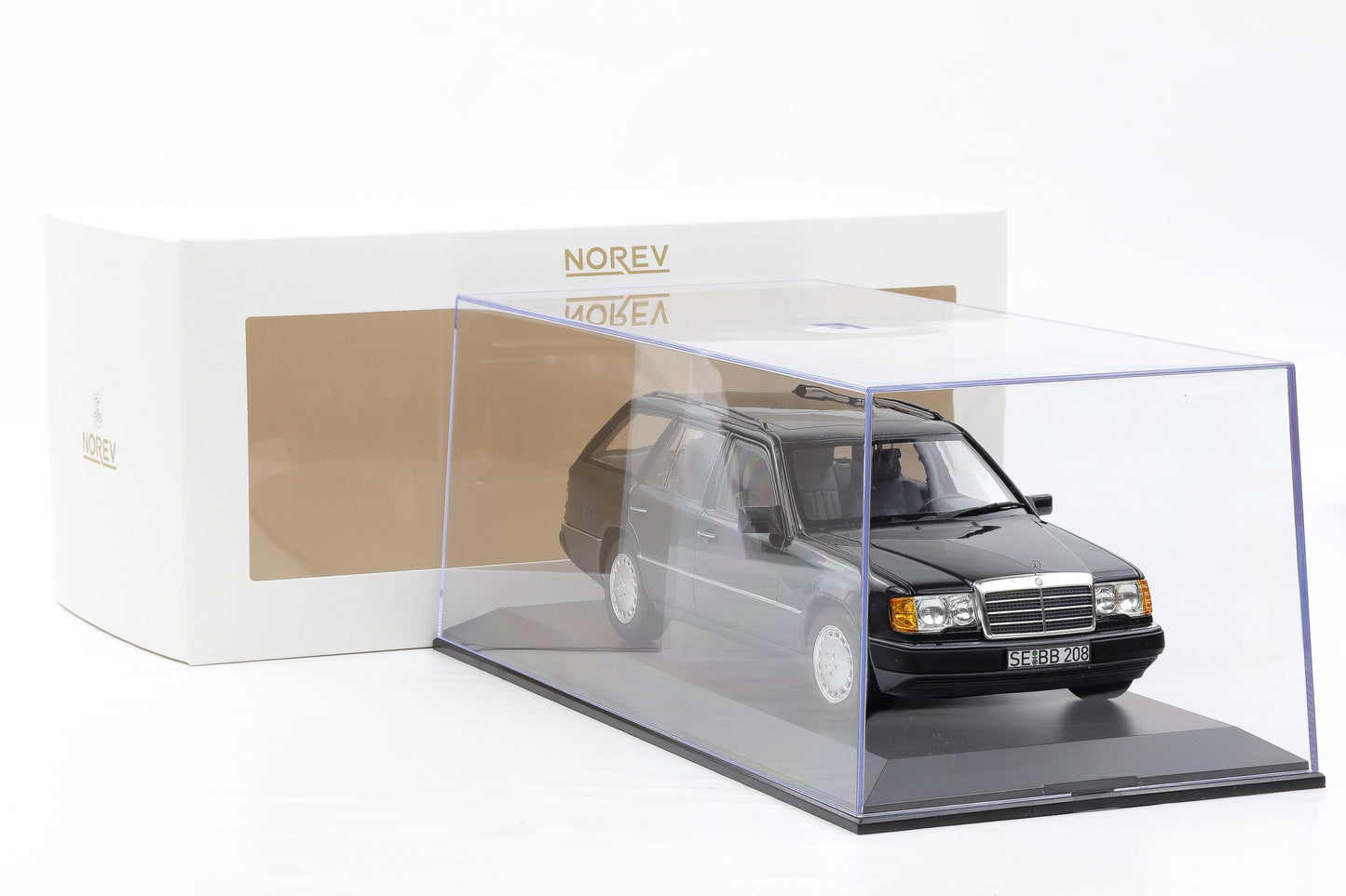 1:18 Norev Mercedes-Benz 300 D T-Modell Kombi S 124 blauschwarz 1990 + Vitrine