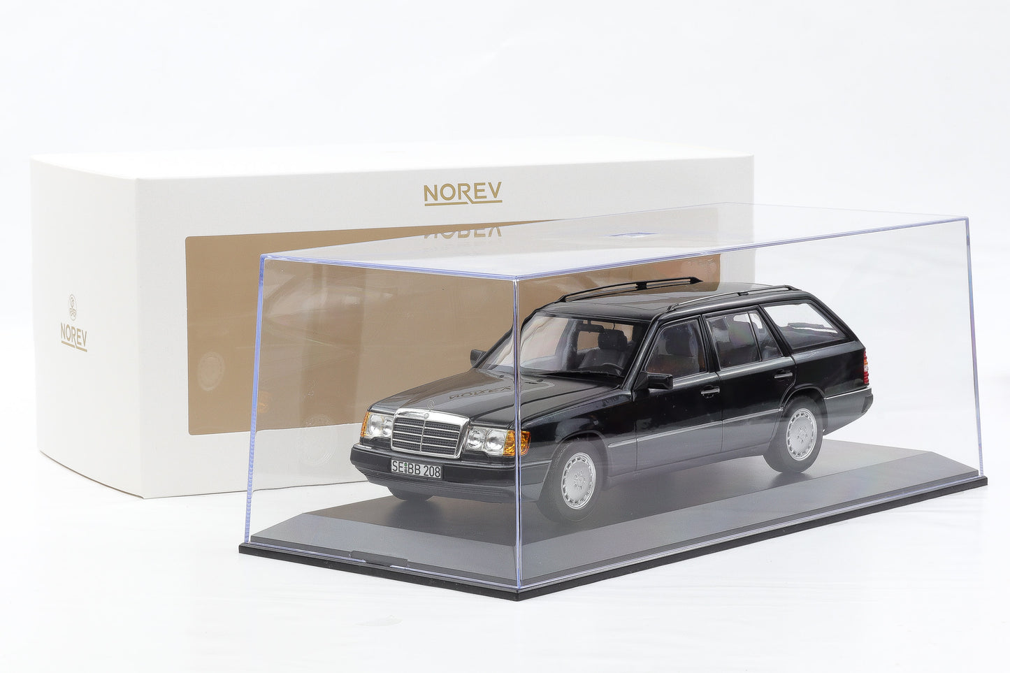 1:18 Norev Mercedes-Benz 300 D T-Modell Kombi S 124 blauschwarz 1990 + Vitrine