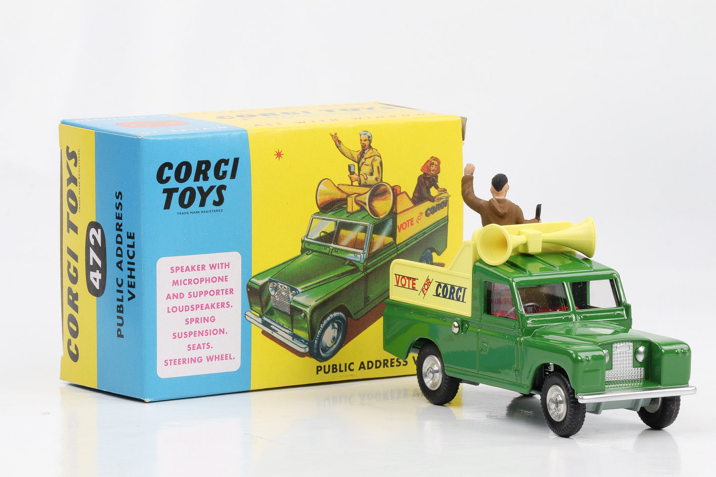 1:46 Corgi Toys Land Rover öffentliches Adressfahrzeug + 2 Figuren Nr. 472 Repro