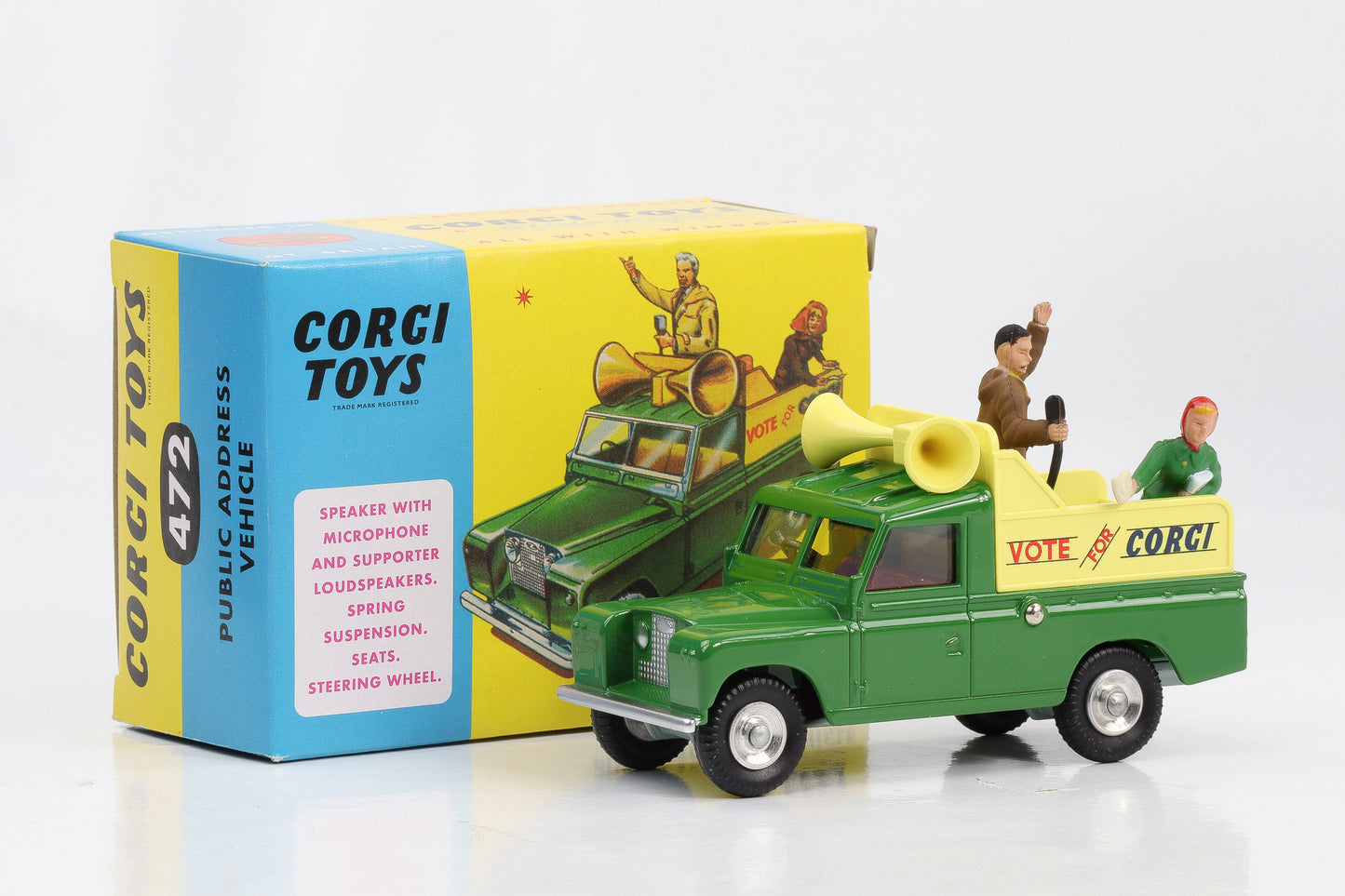 1:46 Corgi Toys Land Rover öffentliches Adressfahrzeug + 2 Figuren Nr. 472 Repro