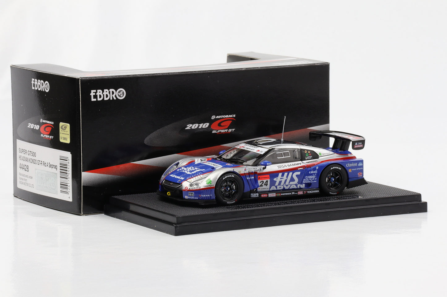 1:43 Ebbro HIS Advan Kondo Nissan GT-R SGT500 2010 Rd. 4 Sepang #24 diecast