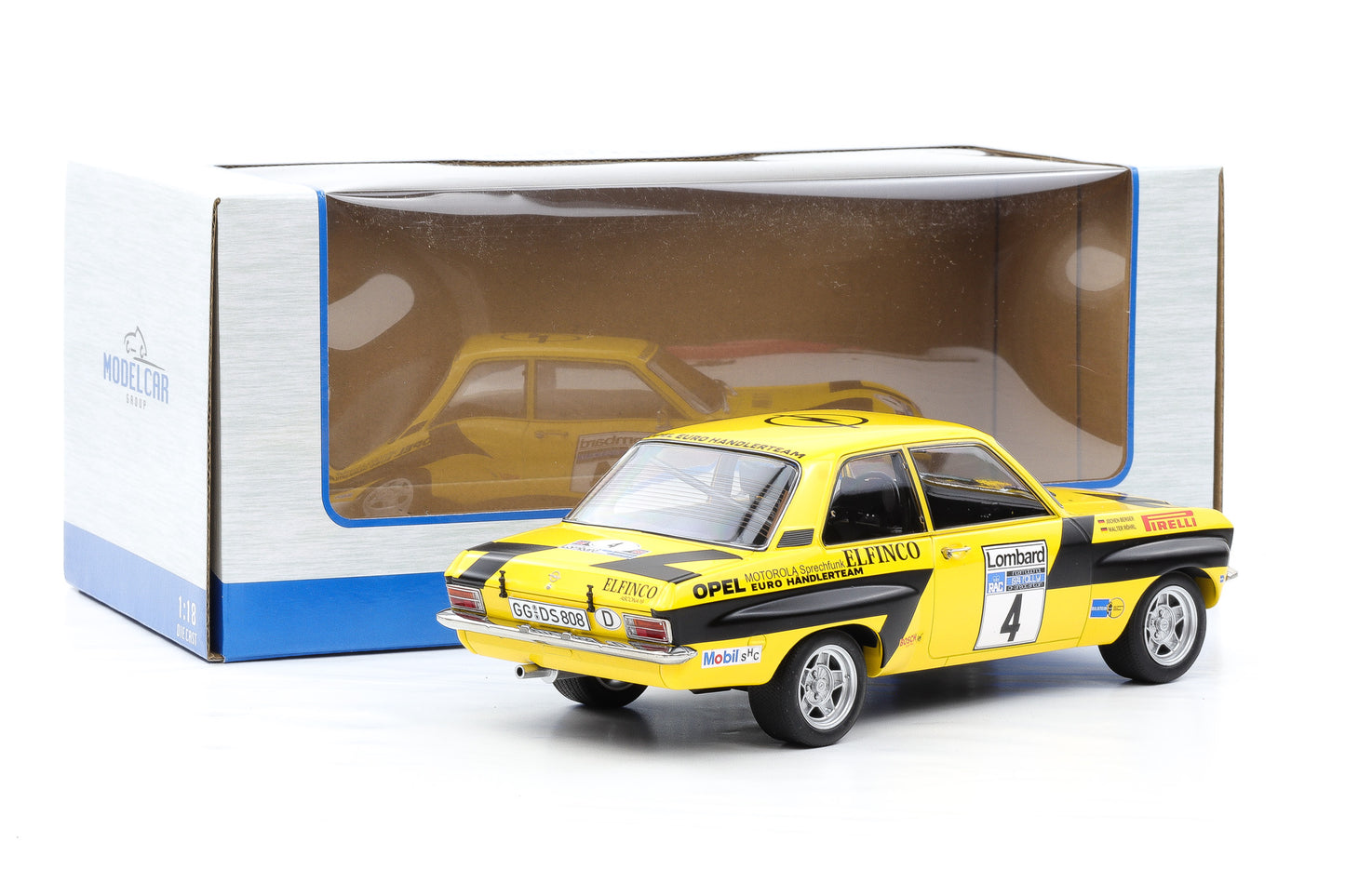 1:18 Opel Ascona 1.9 SR #4 5th Lombard RAC 1974 Röhrl Berger MCG + Vitrine
