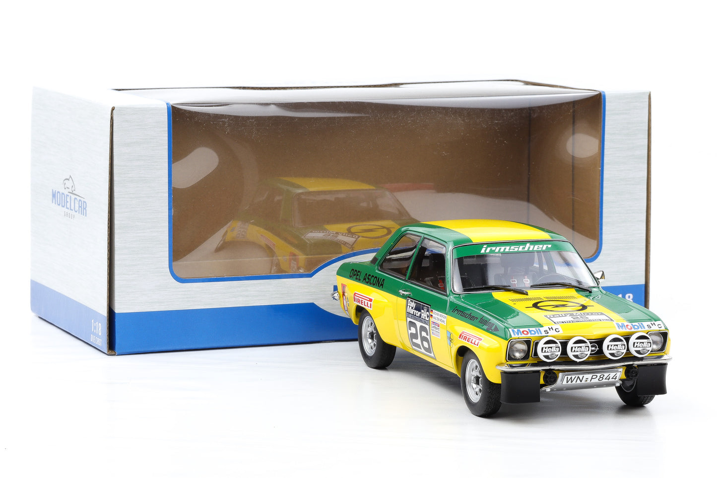1:18 Opel Ascona 1.9 SR #26 Lombard RAC 1973 Röhrl Berger MCG + Vitrine