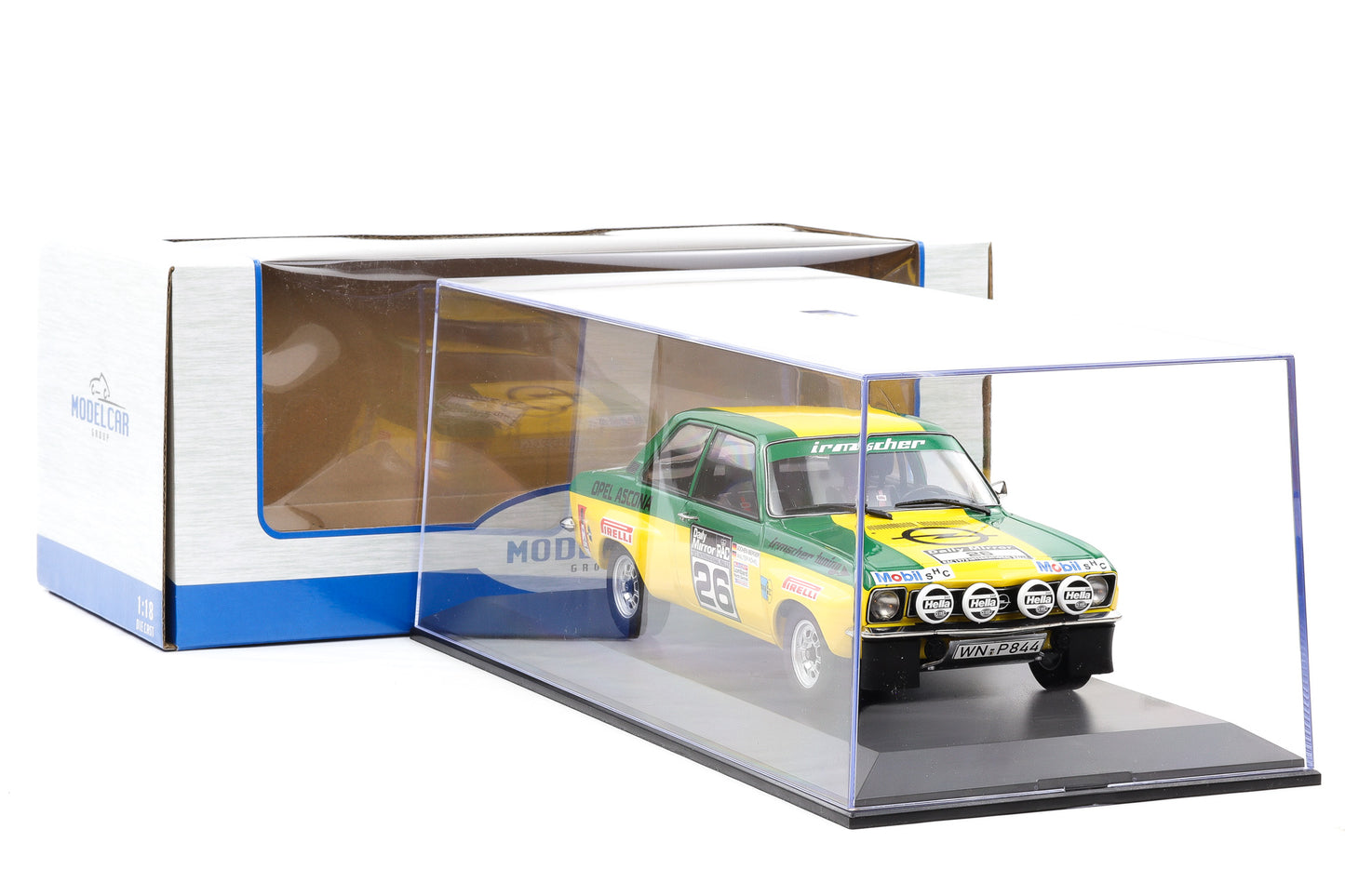 1:18 Opel Ascona 1.9 SR #26 Lombard RAC 1973 Röhrl Berger MCG + Vitrine