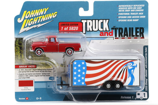 1:64 Johnny Lightning Chevy Cameo 1955 Cardinal red with Enclosed Car Trailer