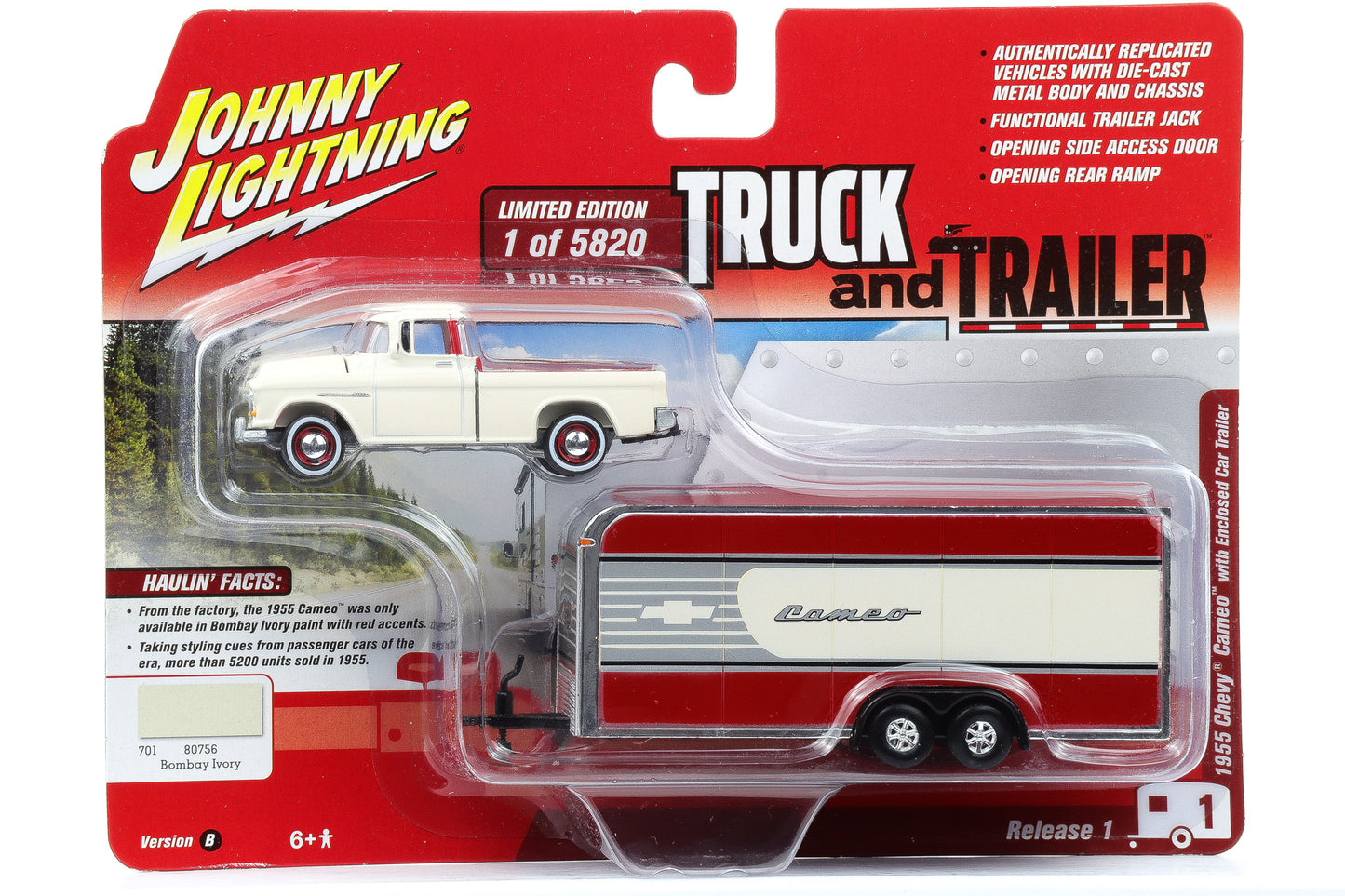 1:64 Johnny Lightning Chevy Cameo 1955 Bombay Ivory with Enclosed Car Trailer