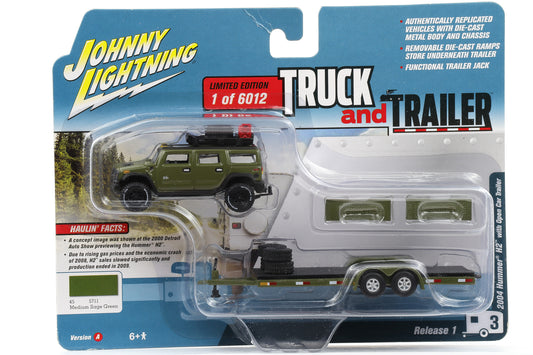 1:64 Johnny Lightning Hummer H2 with Open Trailer 2004 Medium Sage Green