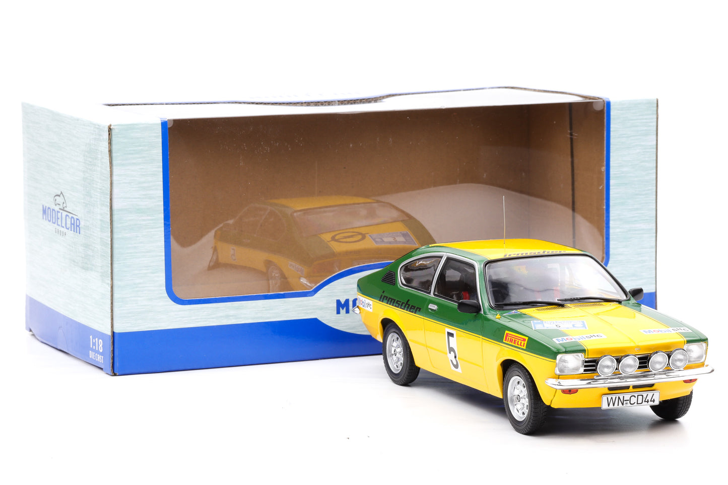 1:18 Opel Kadett C GT/E #5 Winter Rallye 1976 Smolej, Geistdörfer MCG + Vitrine
