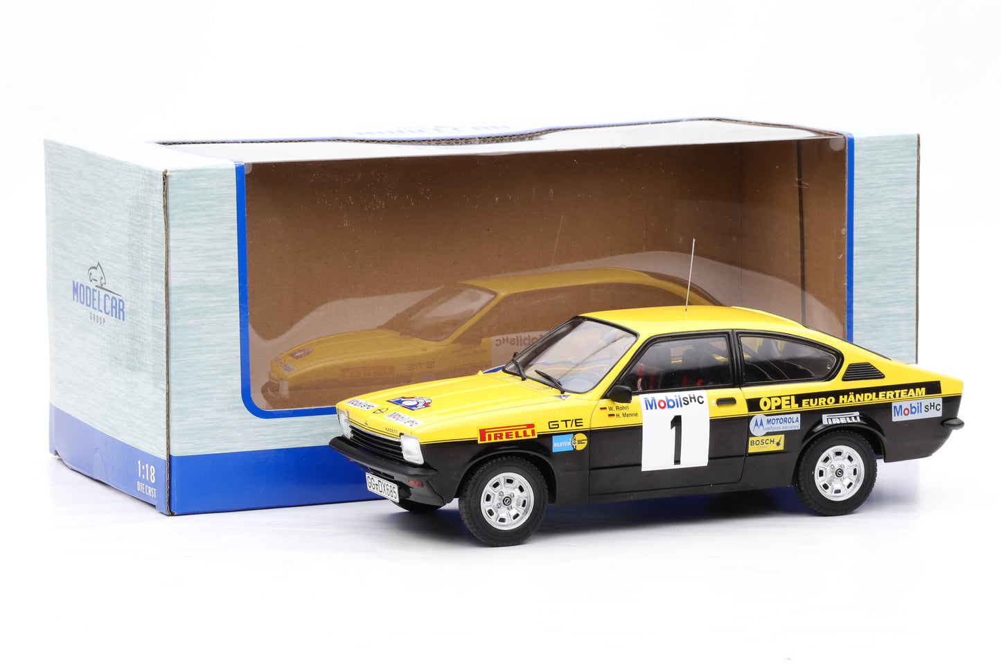 1:18 Opel Kadett C GT/E #1 Lippe Rallye 1977 Röhrl, Menne MCG + Vitrine