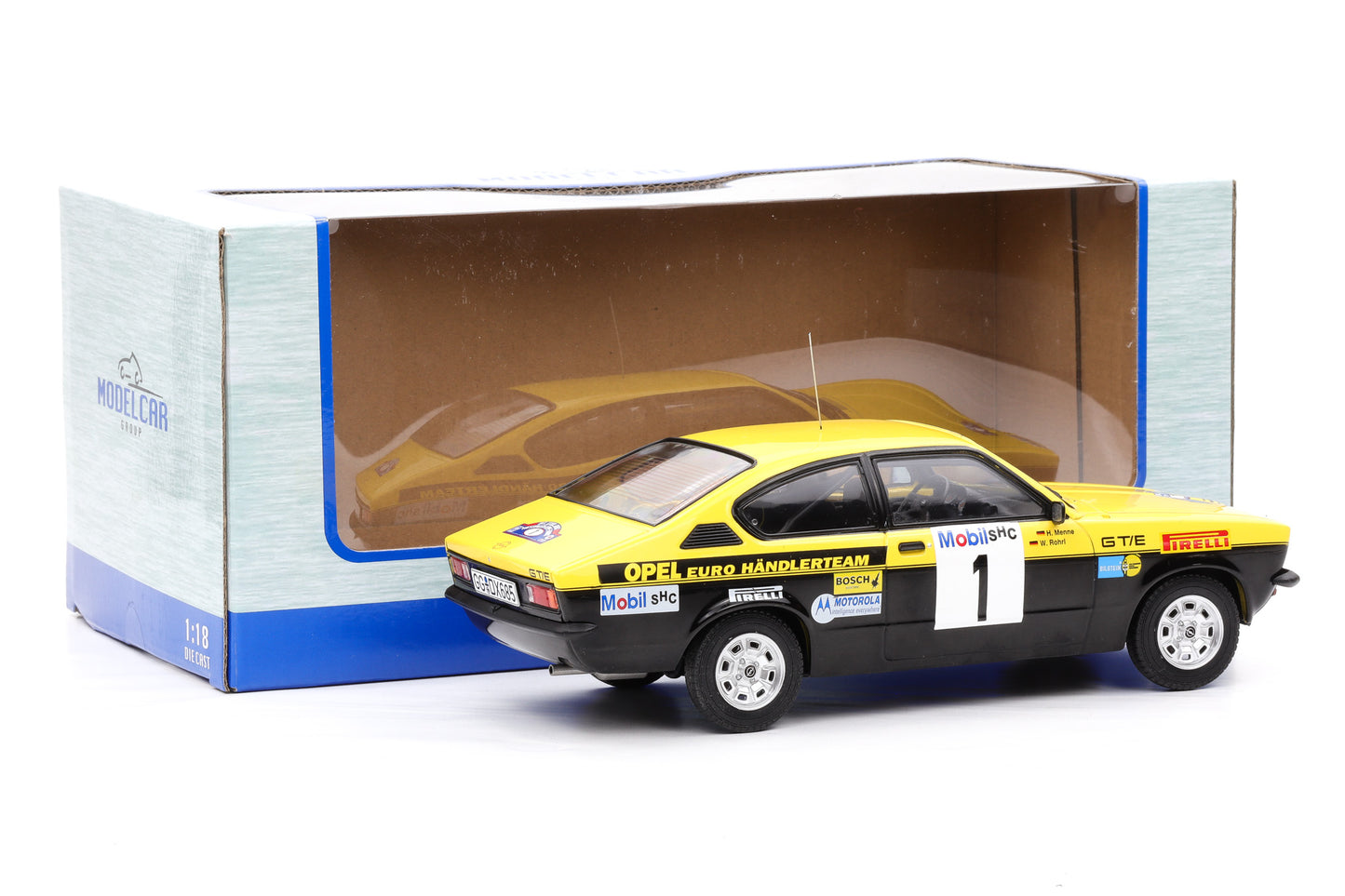 1:18 Opel Kadett C GT/E #1 Lippe Rallye 1977 Röhrl, Menne MCG + Vitrine