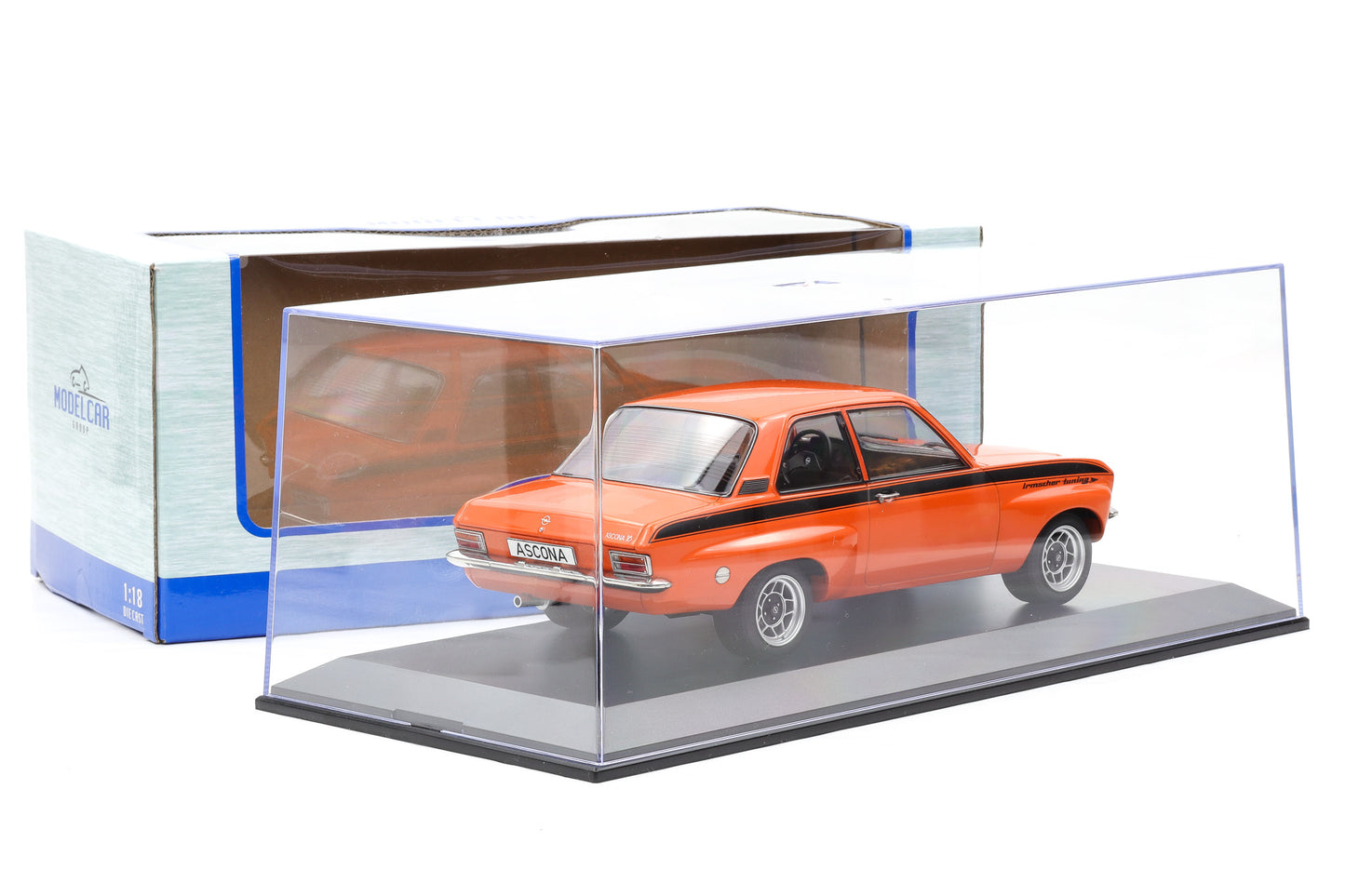 1:18 Opel Ascona A 1973 orange schwarz Irmscher Breitbau MCG + Vitrine