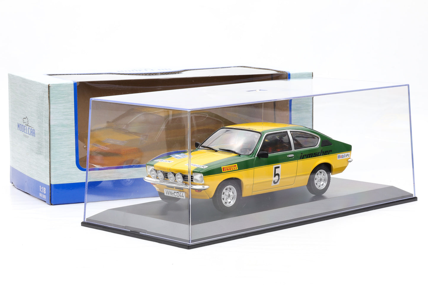 1:18 Opel Kadett C GT/E #5 Winter Rallye 1976 Smolej, Geistdörfer MCG + Vitrine