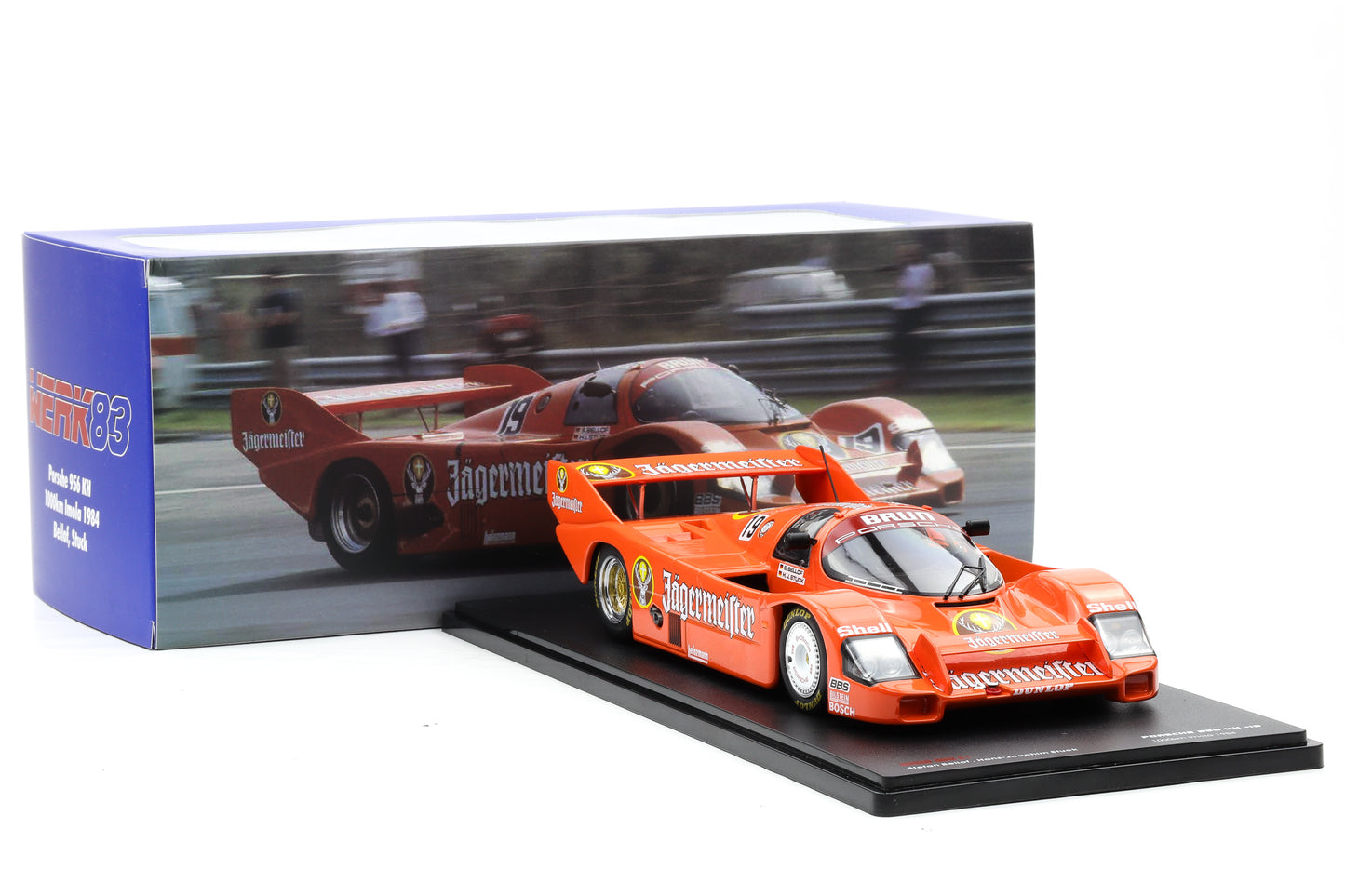 1:18 Werk83 956K Jägermeister #19 1000km Imola 1984 Stuck Bellof + Vitrine