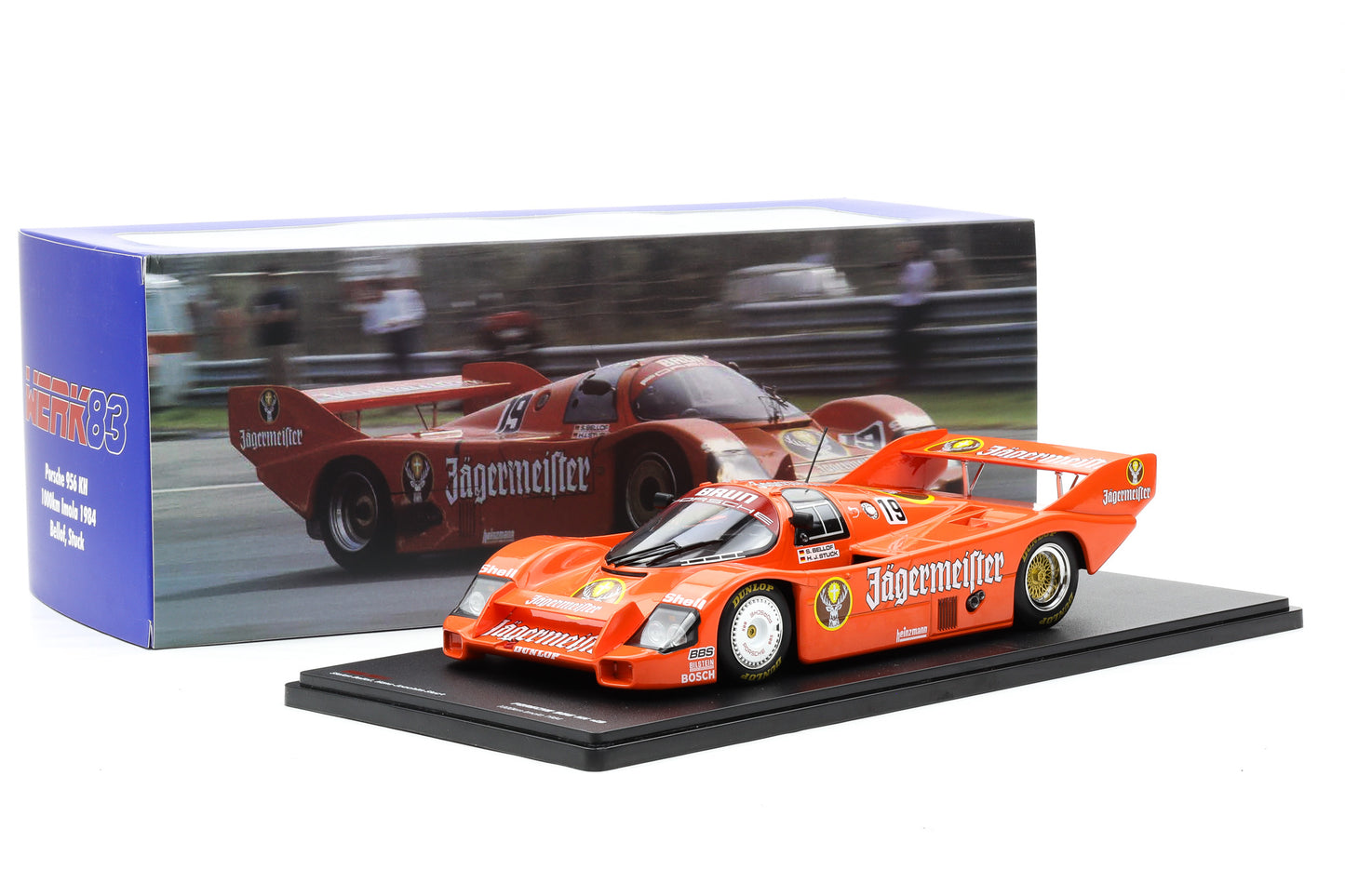 1:18 Werk83 956K Jägermeister #19 1000km Imola 1984 Stuck Bellof + Vitrine