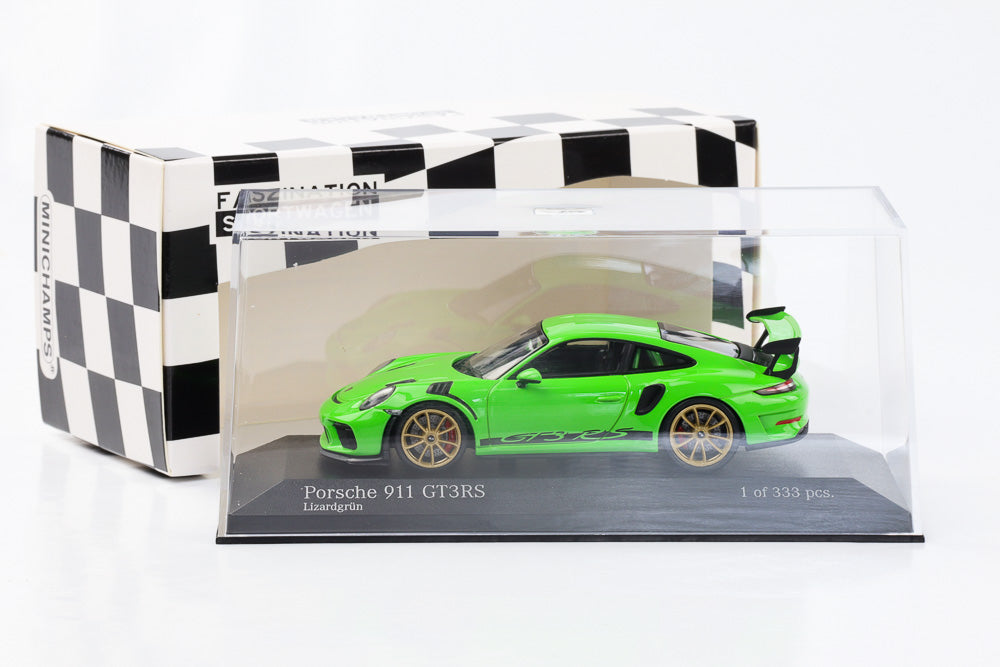 1:43 Porsche 911 GT3 RS 991.2 lizard green lettering golden rims Minichamps