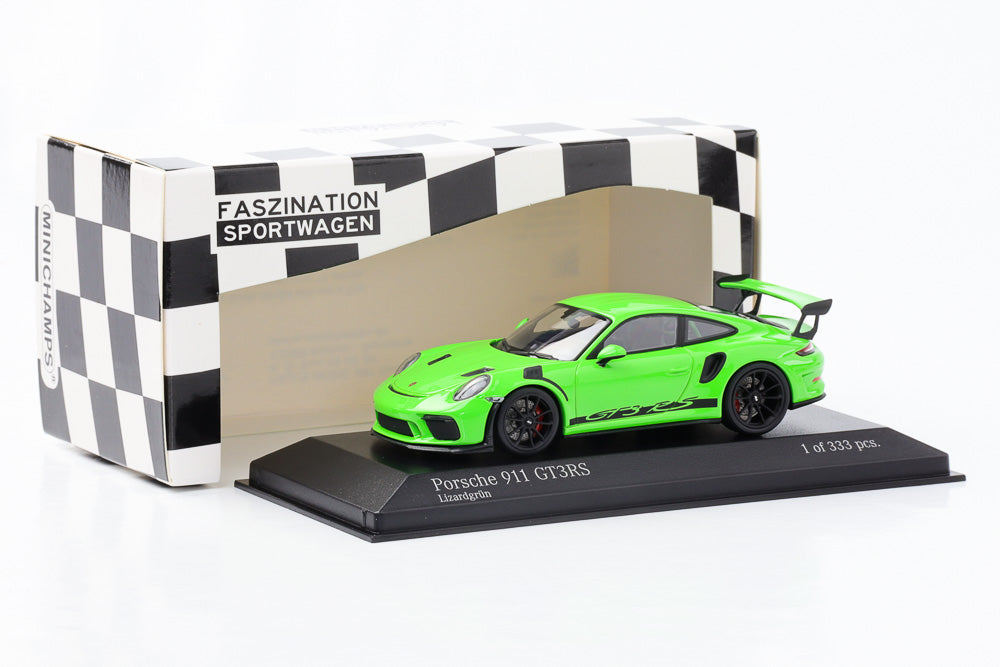 1:43 Porsche 911 GT3 RS 991.2 lizard green lettering black rims Minichamps