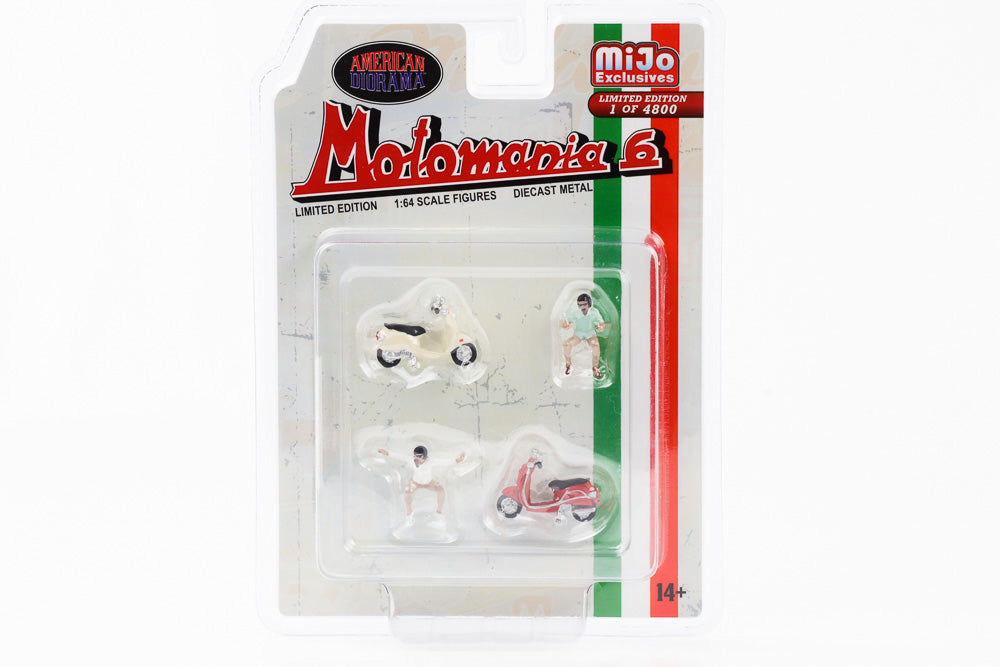 1:64 Figurine Motomania 6 Vespa Bella Italia Italie Edition Set 4 pcs. Diorama américain Mijo