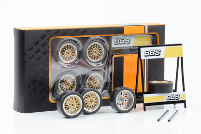 1:18 4 Felgen Radsatz 28 mm Set BBS Motorsport Gold 35 mm mit Reifen IXO