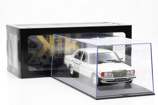 1:18 Mercedes-Benz 230E W123 Saloon 1975 weiss diecast KK Scale + Vitrine