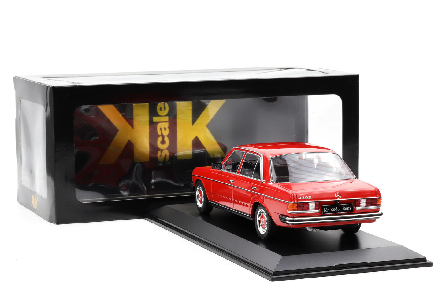 1:18 Mercedes-Benz 230E W123 Saloon 1975 rot diecast KK Scale + Vitrine