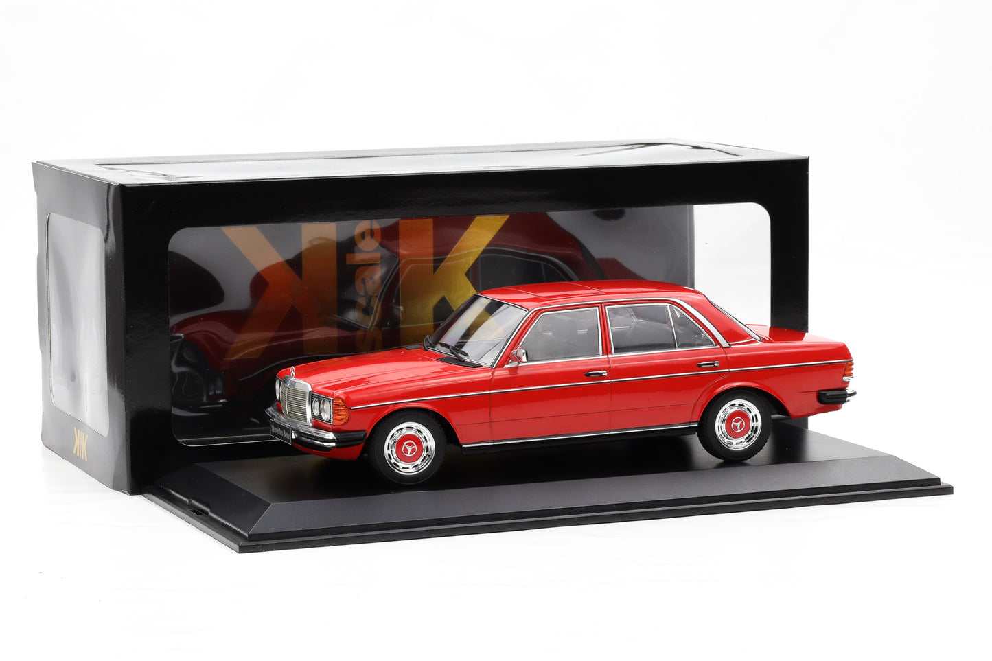 1:18 Mercedes-Benz 230E W123 Saloon 1975 rot diecast KK Scale + Vitrine