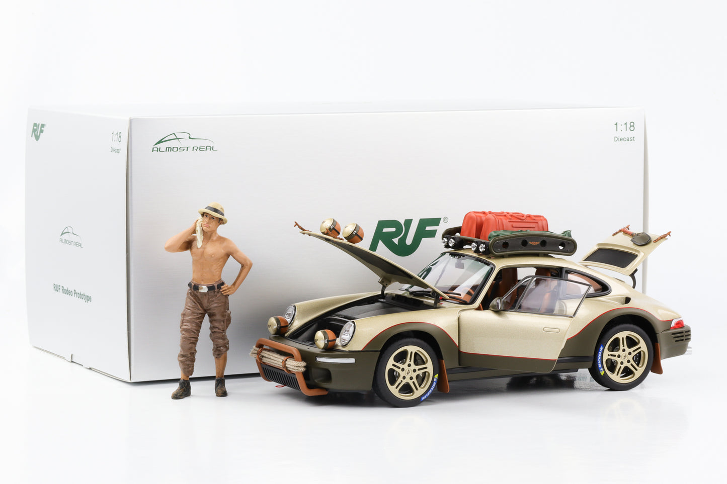 1:18 Porsche 911 RUF Rodeo Prototype 2020 or sable métallisé + 1 figurine Presque Réelle