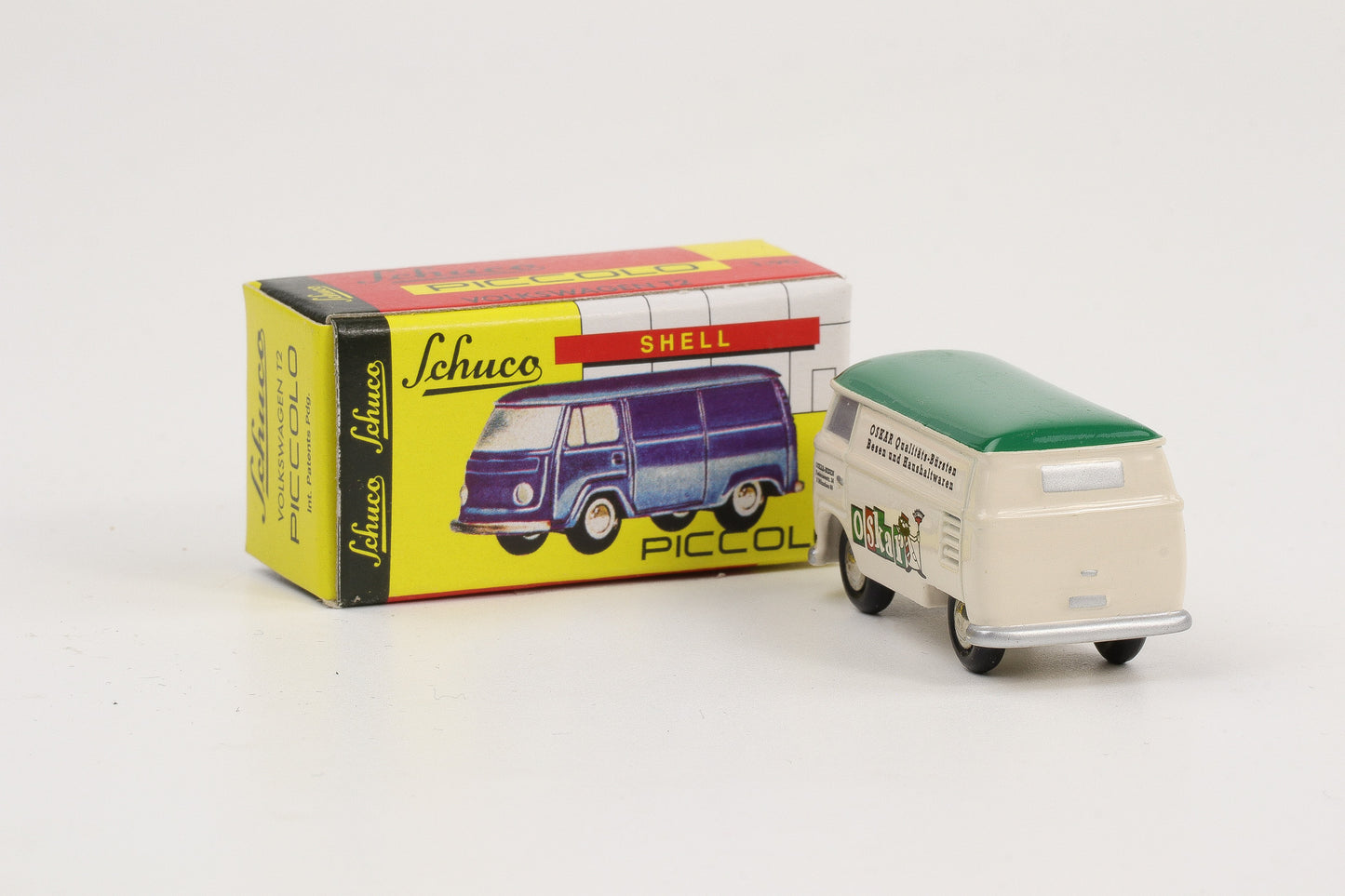 1:90 Schuco Piccolo VW T1 Bus Bulli Oskar Qualitätsbürsten Besen und Haushaltswaren grün-beige