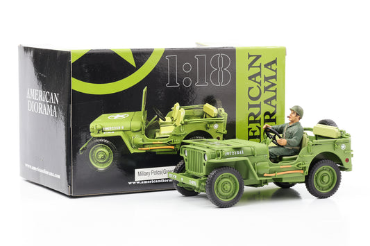 1:18 Jeep Willys 1944 US Polizei Militärfahrzeug grün 1 Figur Soldat American Diorama