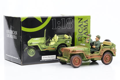 1:18 Jeep Willys 1944 Vehículo militar del ejército estadounidense verde sucio 2 figuras American Diorama