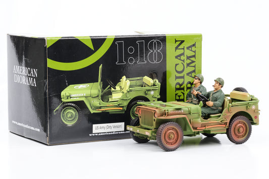 1:18 Jeep Willys 1944 Vehículo militar del ejército estadounidense verde sucio 2 figuras American Diorama