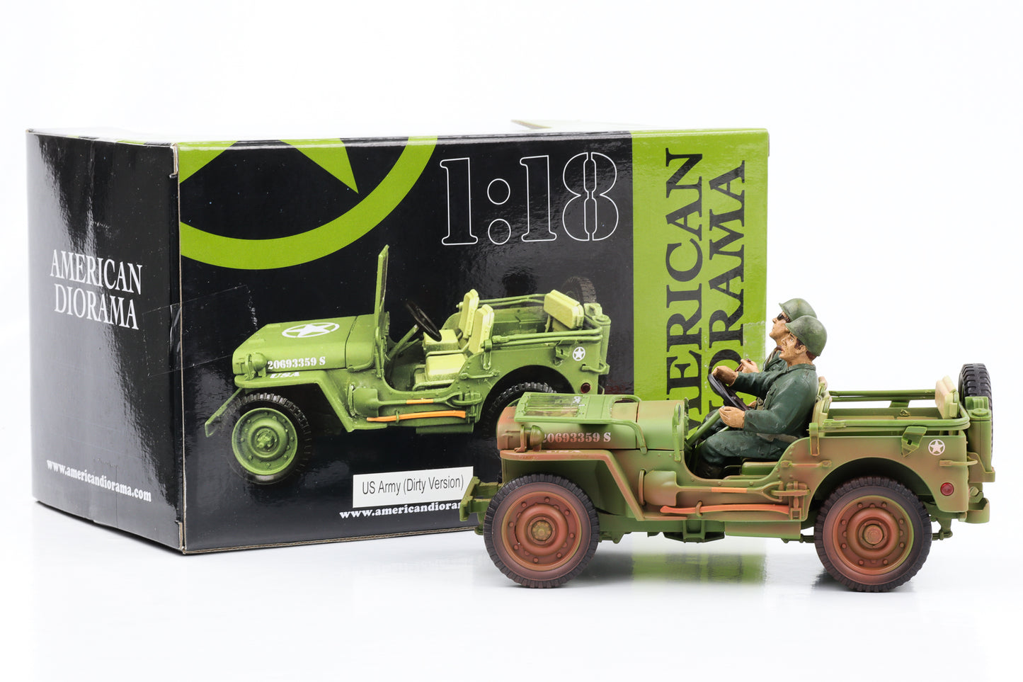1:18 Jeep Willys 1944 US Army military vehicle dirty green 2 figures American diorama