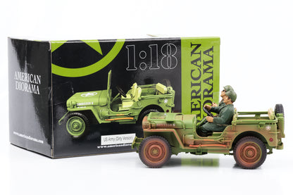 1:18 Jeep Willys 1944 Vehículo militar del ejército estadounidense verde sucio 2 figuras American Diorama