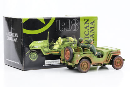 1:18 Jeep Willys 1944 Vehículo militar del ejército estadounidense verde sucio 2 figuras American Diorama