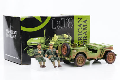 1:18 Jeep Willys 1944 Vehículo militar del ejército estadounidense verde sucio 2 figuras American Diorama