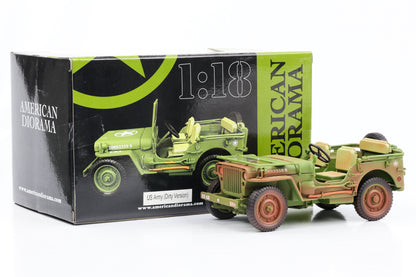 Diorama americano verde sporco del veicolo militare dell'esercito americano del 1944 della Jeep Willys in scala 1:18