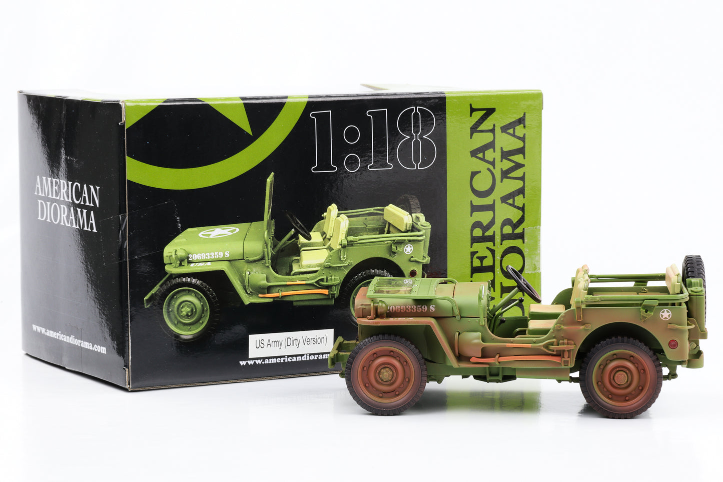 1:18 Jeep Willys 1944 US Army Military Vehicle Dirty Green American Diorama