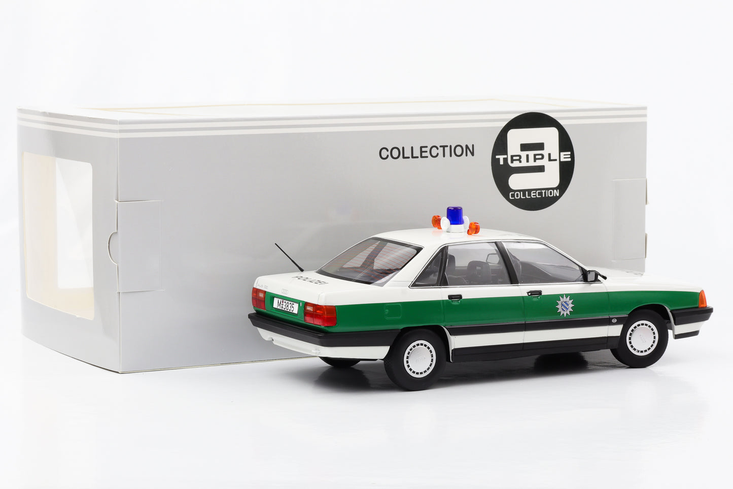 1:18 Audi 100 C3 2.3E 1989 Polícia Alemã branco-verde Triple 9 Diecast