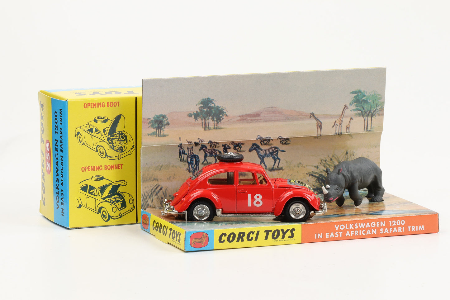 1:44 Corgi Toys Volkswagen VW Käfer Ostafrika-Safari rot + Zubehör - Nr. 256 Repro
