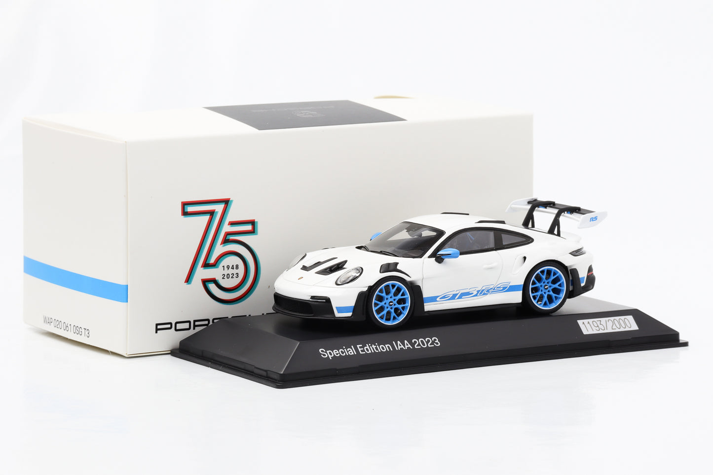 1:43 بورش 911 992 GT3 RS إصدار خاص IAA 2023 أبيض-أزرق سبارك ديلر