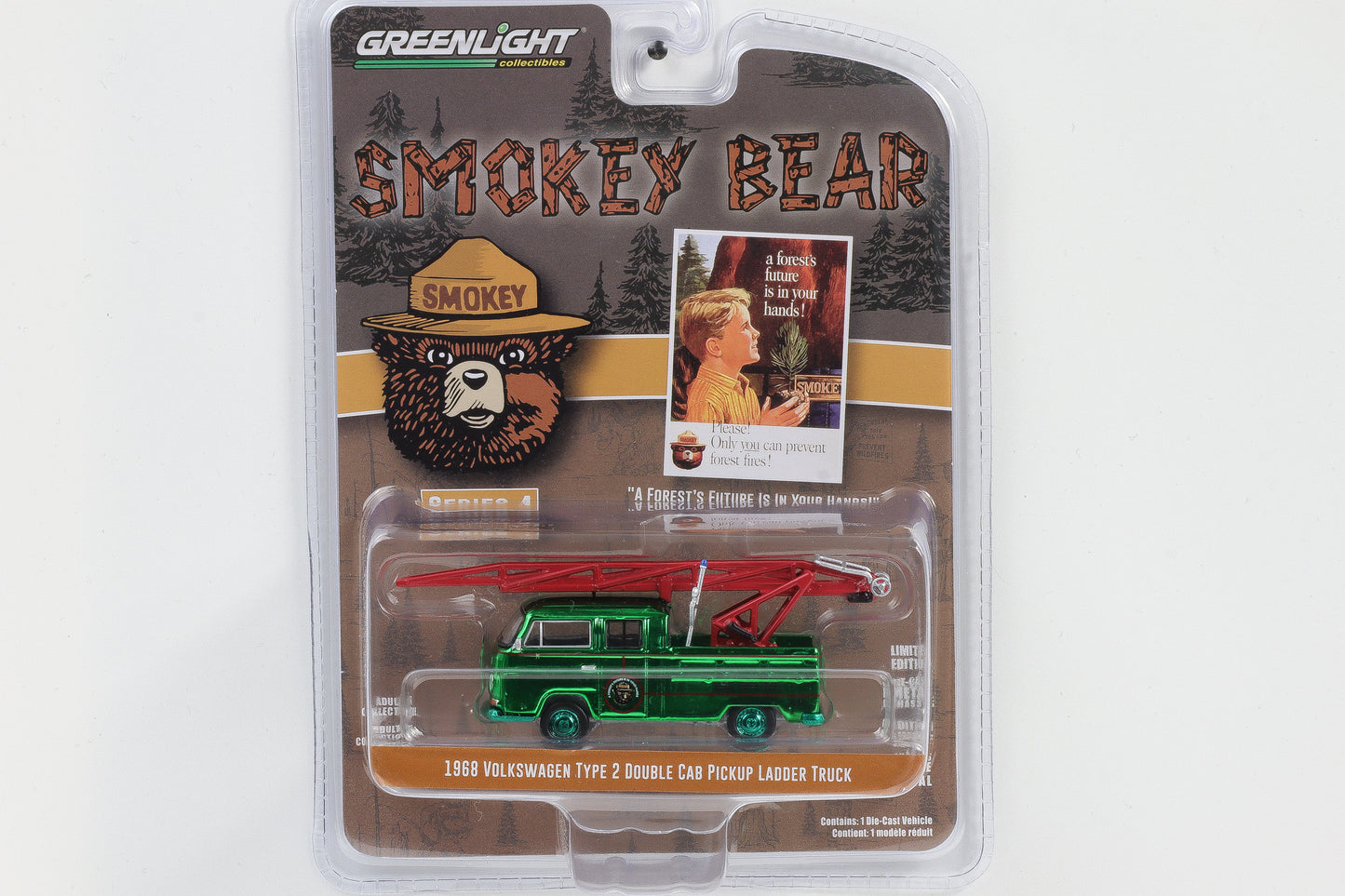 1:64 Greenlight 1968 VW Type 2 Double Cab Pickup Ladder Truck Green Machine Smokey Bear