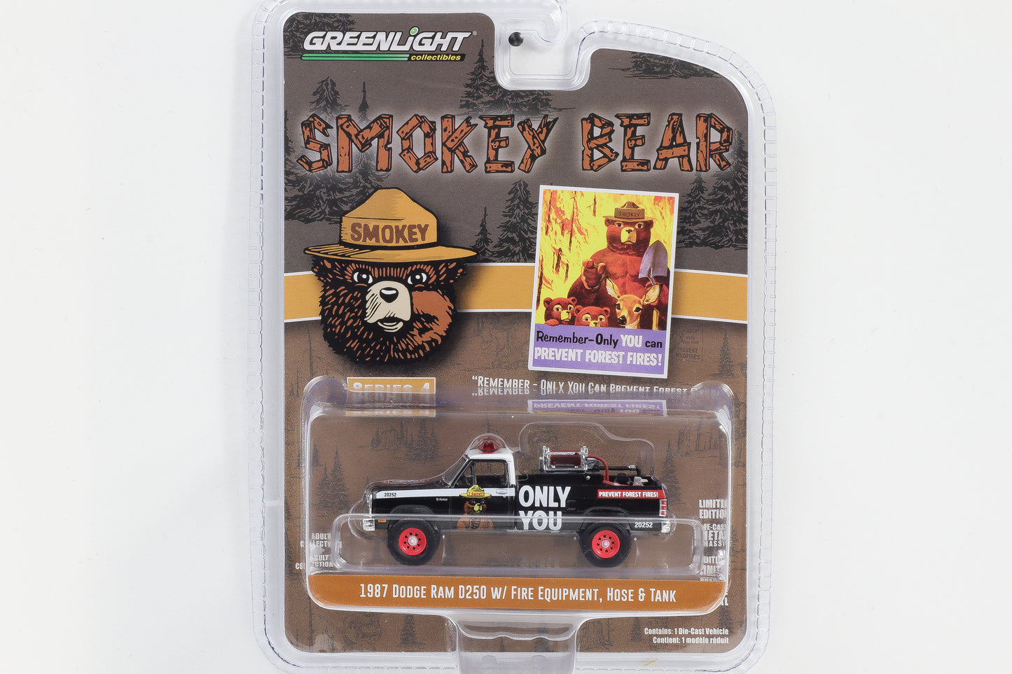 1:64 Greenlight 1987 Dodge RAM D250 w/ Fire Equipment Hose & Tank Smokey Bear