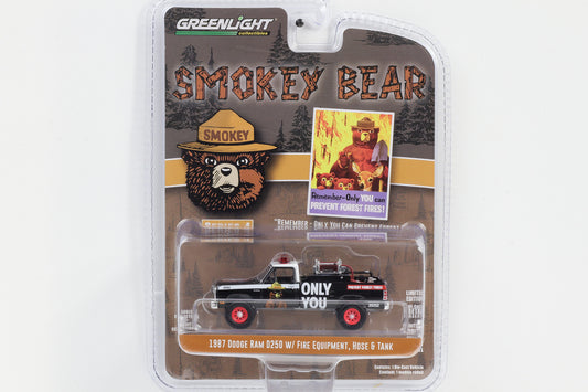 1:64 Greenlight 1987 Dodge RAM D250 w/ Fire Equipment Hose & Tank Smokey Bear