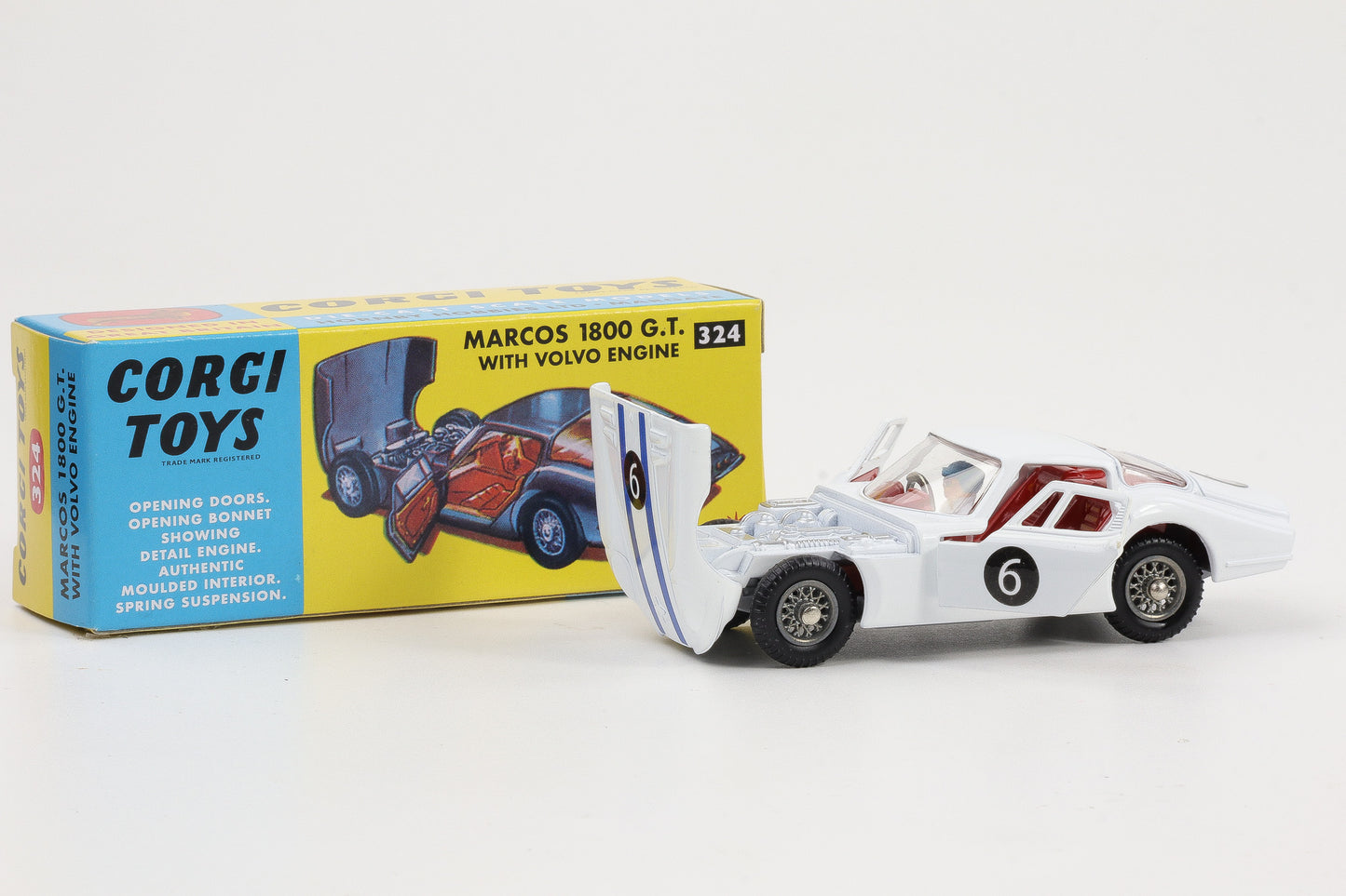 1:44 Corgi Toys Marcos GT weiß + Fahrer - Nr. 324 Repro