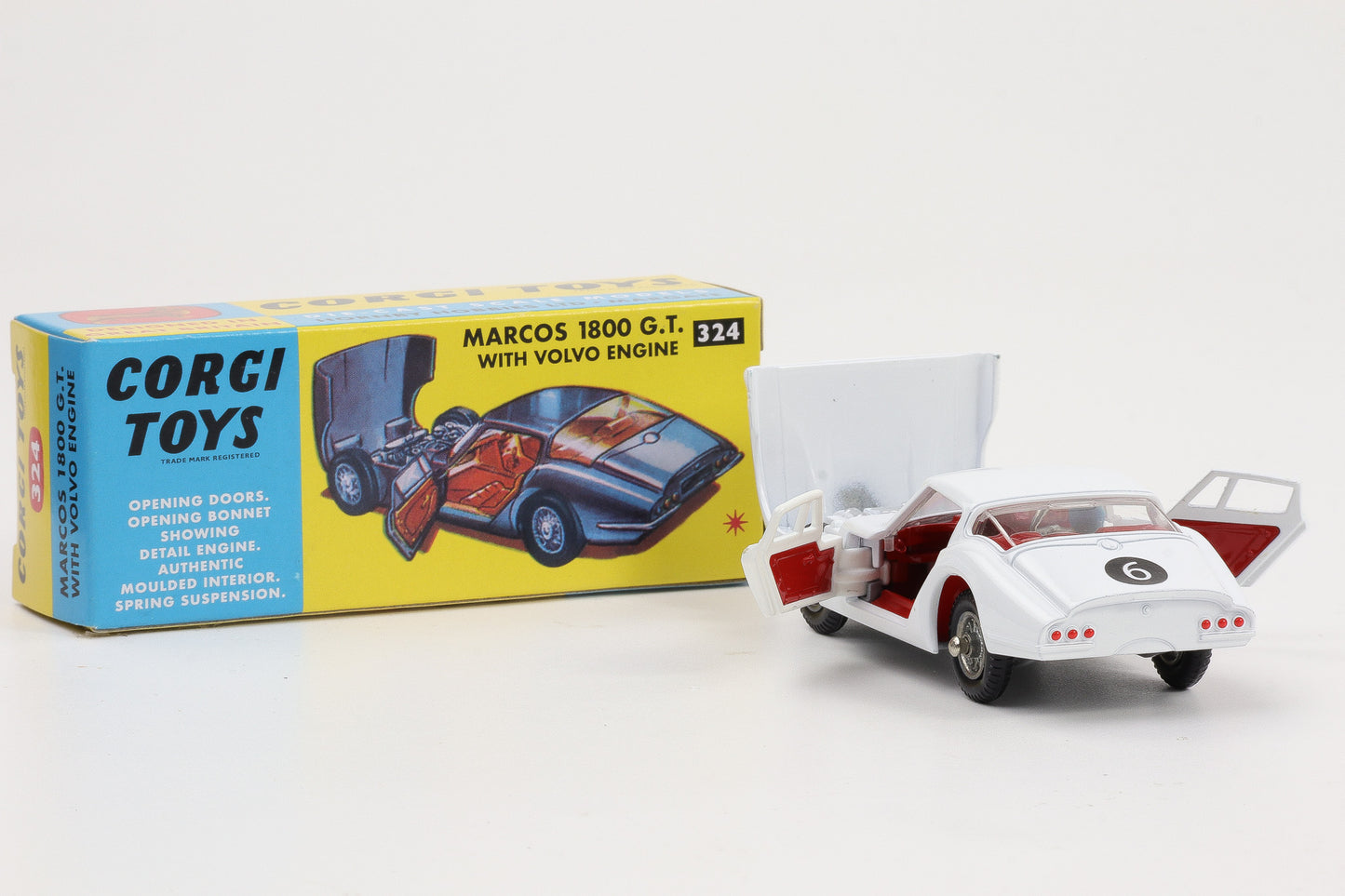 1:44 Corgi Toys Marcos GT weiß + Fahrer - Nr. 324 Repro