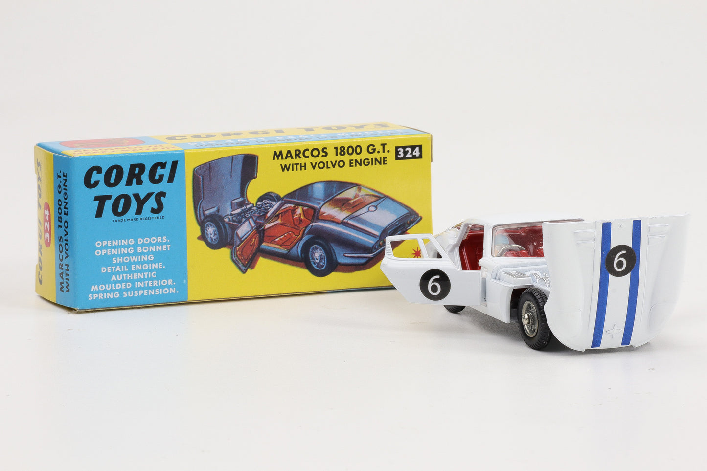 1:44 Corgi Toys Marcos GT weiß + Fahrer - Nr. 324 Repro
