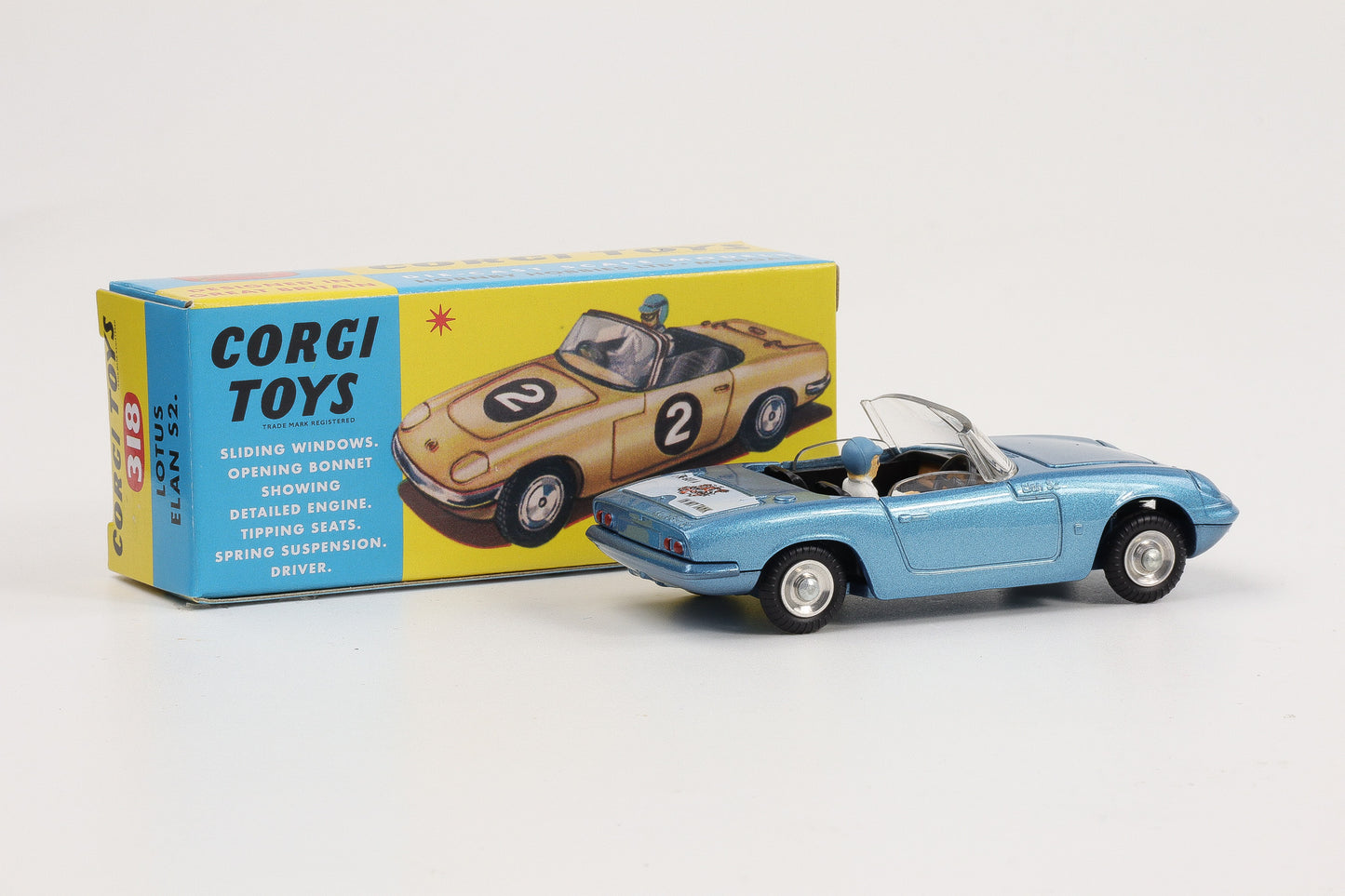 1:42 Corgi Toys Lotus Elan S2 metallicblau mit Fahrer - Nr. 318 Repro