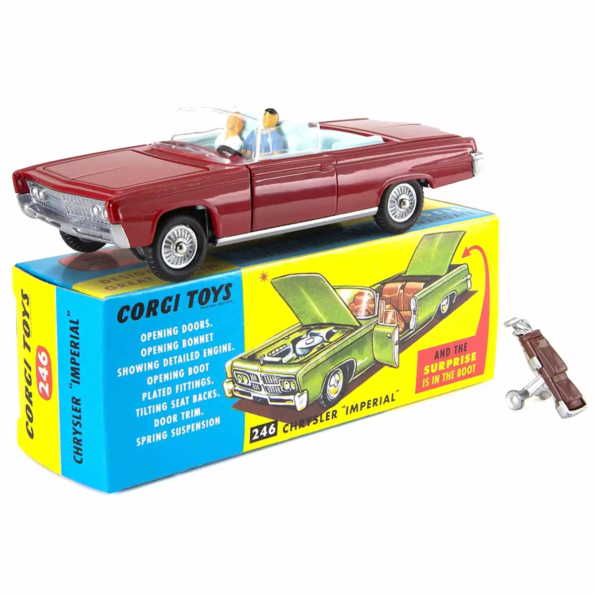 1:52 Corgi Toys Chrysler Imperial Cabrio mit Insassen und Zubehör rot Nr. 246 Repro