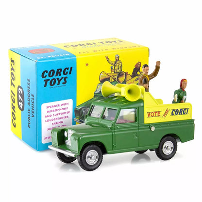 1:46 Corgi Toys Land Rover öffentliches Adressfahrzeug + 2 Figuren Nr. 472 Repro