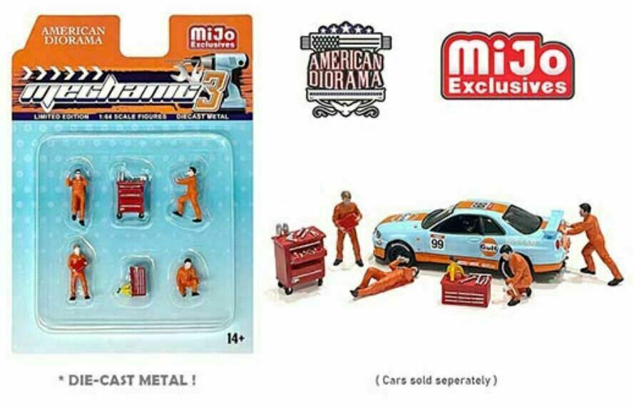 1:64 Figur Mechanic 3 Set 4 Figuren mit Zubehör orange American Diorama Mijo